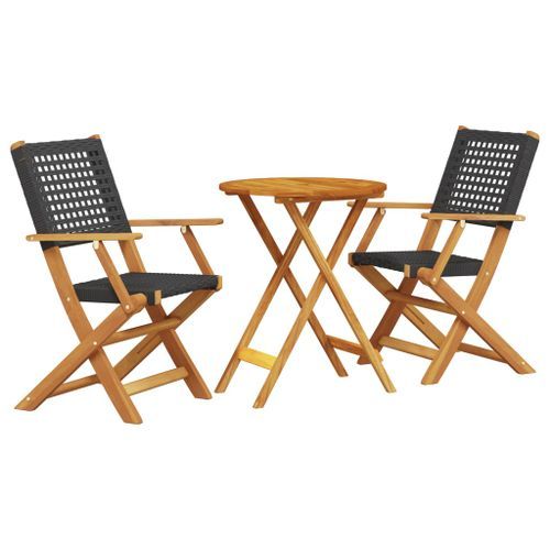 Ensemble de bistro 3 pcs noir résine tressée et bois massif - Photo n°2; ?>