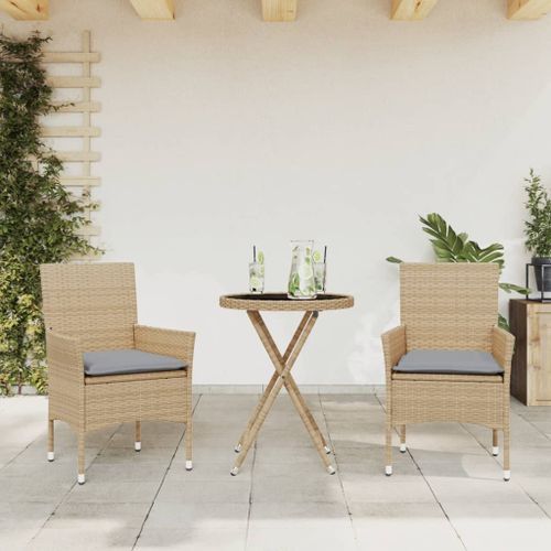 Ensemble de bistro avec coussins 3 pcs beige rotin et verre - Photo n°2; ?>