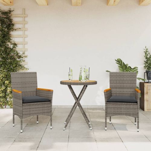 Ensemble de bistro avec coussins 3 pcs gris rotin et acacia - Photo n°2; ?>