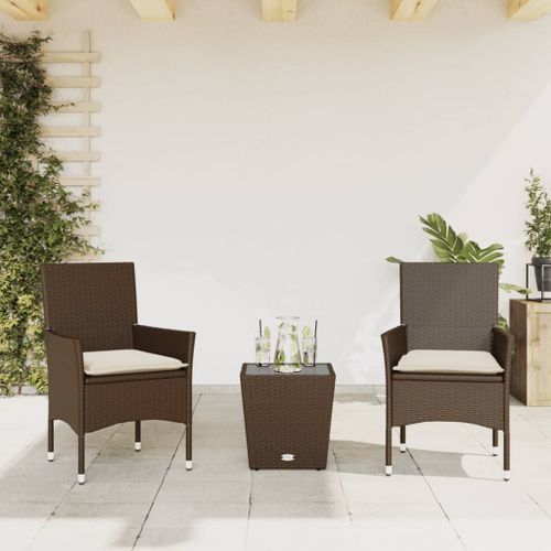 Ensemble de bistro avec coussins 3 pcs marron rotin et verre - Photo n°2; ?>