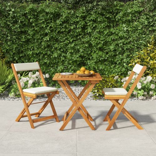 Ensemble de bistro pliable 3 pcs avec coussins Acacia solide - Photo n°2; ?>