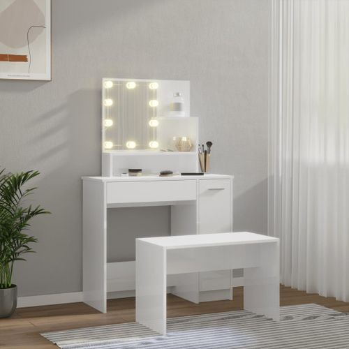 Ensemble de coiffeuse avec LED Blanc brillant Bois d'ingénierie - Photo n°3; ?>