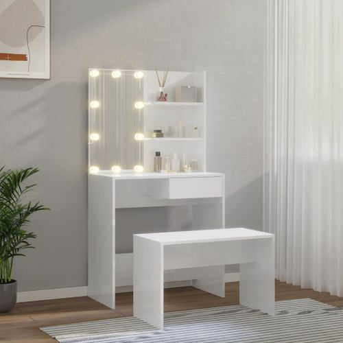 Ensemble de coiffeuse avec LED Blanc brillant Bois d'ingénierie - Photo n°3; ?>