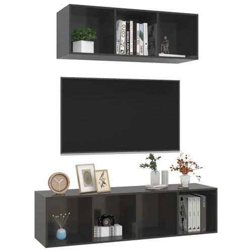 Ensemble de meuble TV 2 pcs Gris brillant 3 - Photo n°3; ?>