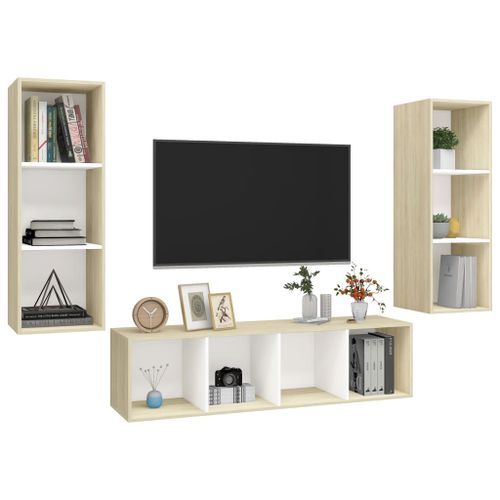 Ensemble de meuble TV 3 pcs Blanc et chêne sonoma - Photo n°3; ?>