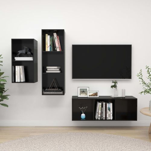 Ensemble de meuble TV 3 pcs Noir brillant 3 - Photo n°2; ?>