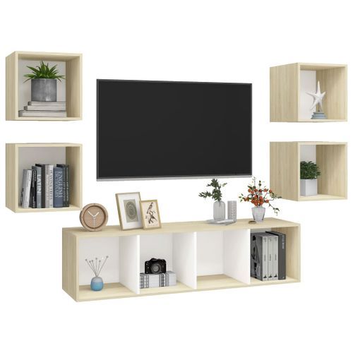 Ensemble de meuble TV 5 pcs Blanc et chêne sonoma 3 - Photo n°3; ?>