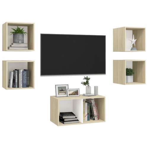 Ensemble de meuble TV 5 pcs Blanc et chêne sonoma 2 - Photo n°3; ?>