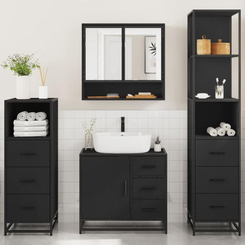 Ensemble de meubles salle de bain 4 pcs noir bois d'ingénierie - Photo n°3; ?>