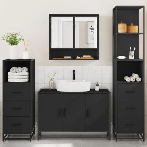 Ensemble de meubles salle de bain 4 pcs noir bois d'ingénierie - Photo n°3; ?>