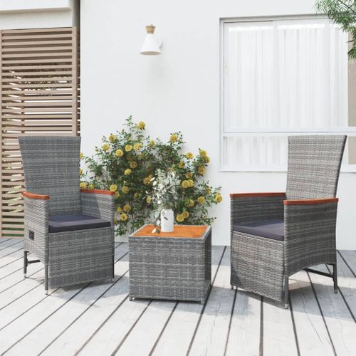 Ensemble de salon de jardin 3 pcs gris poly rotin et acacia - Photo n°2; ?>