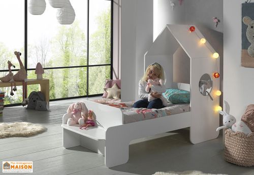 Ensemble lit maison blanc avec banc 70x140 cm et armoire blanc bois laqué Camila - Photo n°2; ?>