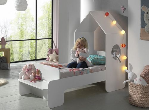 Ensemble lit maison blanc avec banc 70x140 cm et armoire gris bois laqué Camila - Photo n°2; ?>