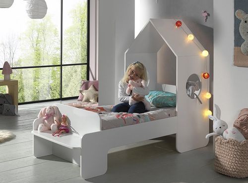 Ensemble lit maison blanc avec banc 70x140 cm et armoire rose bois laqué Camila - Photo n°2; ?>