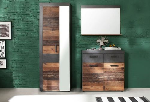 Ensemble meuble d'entrée 3 pièces chêne foncé et gris avec miroir Orcel - Photo n°2; ?>
