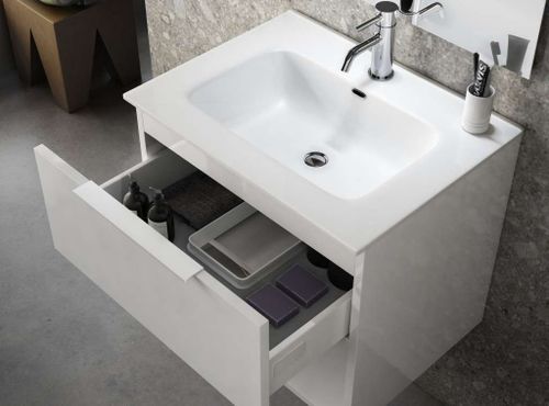 Ensemble meuble de salle de bain 1 tiroir blanc effet pierre et miroir lumineux Noe L 60 cm - Photo n°2; ?>