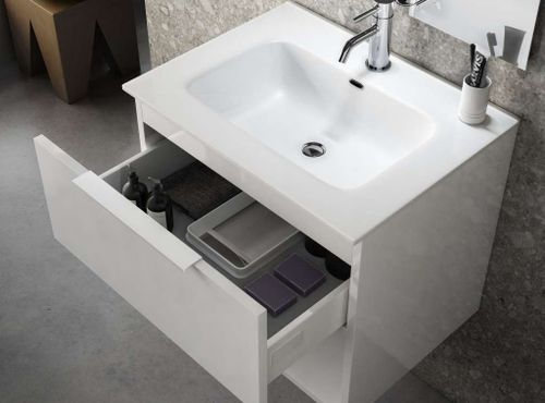 Ensemble meuble de salle de bain 1 tiroir laqué blanc brillant et miroir lumineux Noe L 60 cm - Photo n°2; ?>