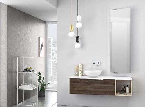 Ensemble meuble de salle de bain 1 tiroir laqué blanc et noyer et miroir Catan L 135 cm - Photo n°2; ?>