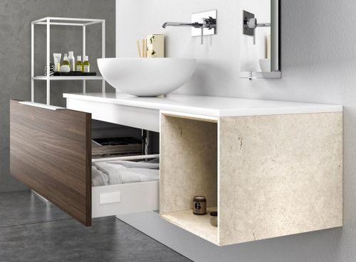 Ensemble meuble de salle de bain 1 tiroir laqué blanc et noyer et miroir Catan L 135 cm - Photo n°3; ?>