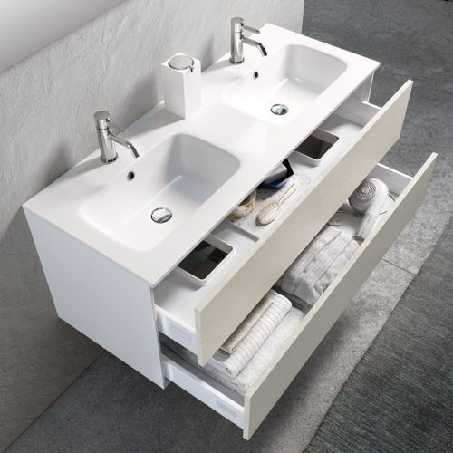 Ensemble meuble de salle de bain 2 tiroirs bois blanc double vasque et miroir à LED Oga L 120 cm - Photo n°2; ?>