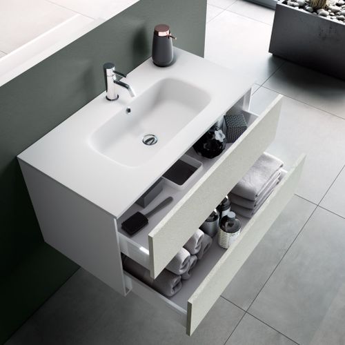 Ensemble meuble de salle de bain 2 tiroirs bois blanc et miroir à LED Oga L 100 cm - Photo n°2; ?>