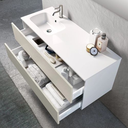 Ensemble meuble de salle de bain 2 tiroirs bois blanc et miroir à LED Goa L 120 cm - Photo n°2; ?>