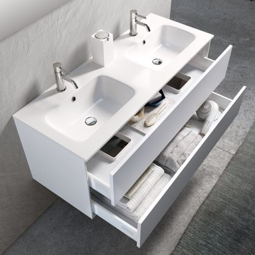 Ensemble meuble de salle de bain 2 tiroirs laqué blanc double vasque et miroir à LED Oga L 120 cm - Photo n°2; ?>