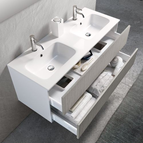 Ensemble meuble de salle de bain 2 tiroirs laqué blanc et beige double vasque et miroir à LED Oga L 120 cm - Photo n°2; ?>