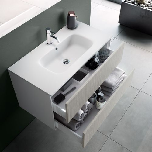 Ensemble meuble de salle de bain 2 tiroirs laqué blanc et beige et miroir à LED Oga L 100 cm - Photo n°2; ?>