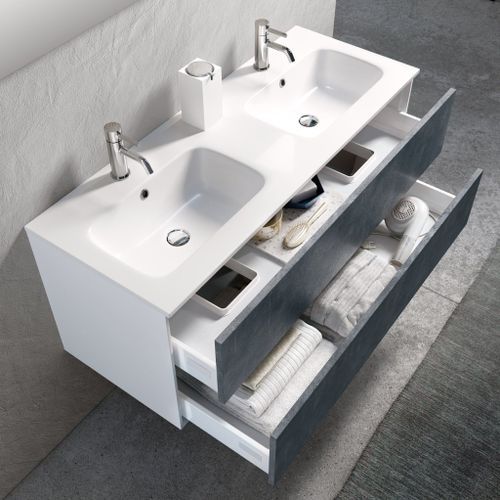 Ensemble meuble de salle de bain 2 tiroirs laqué blanc et bleu effet pierre double vasque et miroir à LED Oga L 120 cm - Photo n°2; ?>