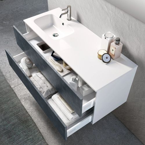Ensemble meuble de salle de bain 2 tiroirs laqué blanc et bleu effet pierre et miroir à LED Goa L 120 cm - Photo n°2; ?>