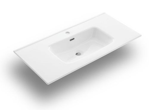 Ensemble meuble de salle de bain 2 tiroirs laqué blanc et bleu effet pierre et miroir à LED Oga L 90 cm - Photo n°3; ?>