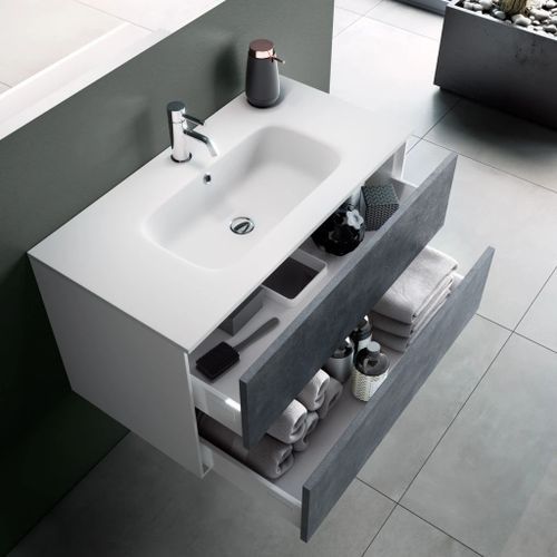 Ensemble meuble de salle de bain 2 tiroirs laqué blanc et bleu gris et miroir lumineux Lago L 120 cm - Photo n°3; ?>