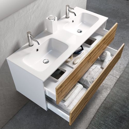 Ensemble meuble de salle de bain 2 tiroirs laqué blanc et chêne double vasque et miroir à LED Oga L 120 cm - Photo n°2; ?>