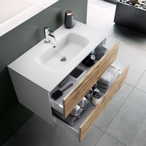 Ensemble meuble de salle de bain 2 tiroirs laqué blanc et chêne et miroir à LED Oga L 70 cm - Photo n°2; ?>