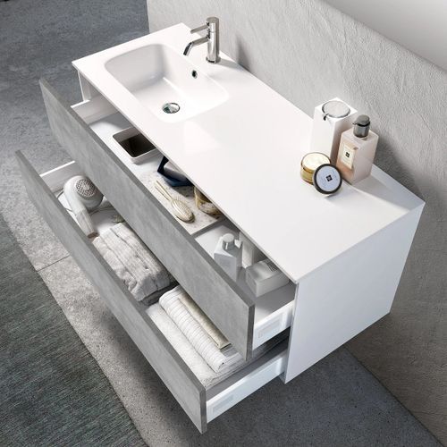 Ensemble meuble de salle de bain 2 tiroirs laqué blanc et effet béton et miroir à LED Goa L 120 cm - Photo n°2; ?>