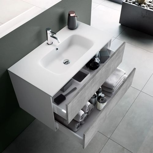 Ensemble meuble de salle de bain 2 tiroirs laqué blanc et effet béton et miroir lumineux Lago L 120 cm 2 - Photo n°3; ?>