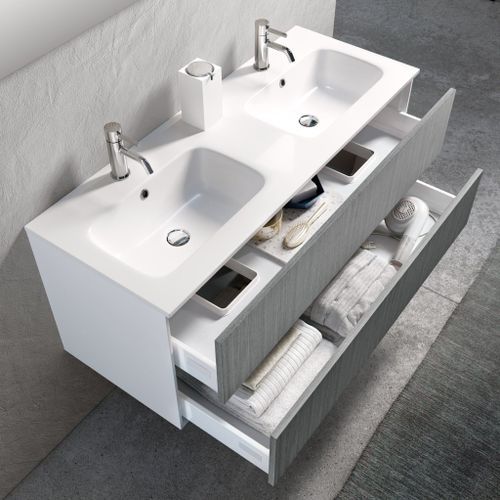 Ensemble meuble de salle de bain 2 tiroirs laqué blanc et gris double vasque et miroir à LED Oga L 120 cm - Photo n°2; ?>