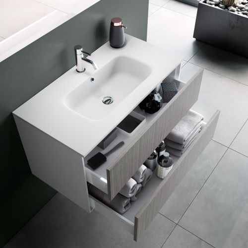 Ensemble meuble de salle de bain 2 tiroirs laqué blanc et gris et miroir à LED Oga L 100 cm - Photo n°2; ?>