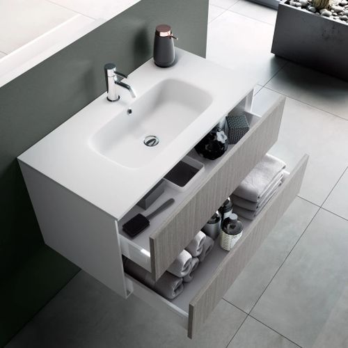 Ensemble meuble de salle de bain 2 tiroirs laqué blanc et gris et miroir lumineux Lago L 120 cm 2 - Photo n°3; ?>