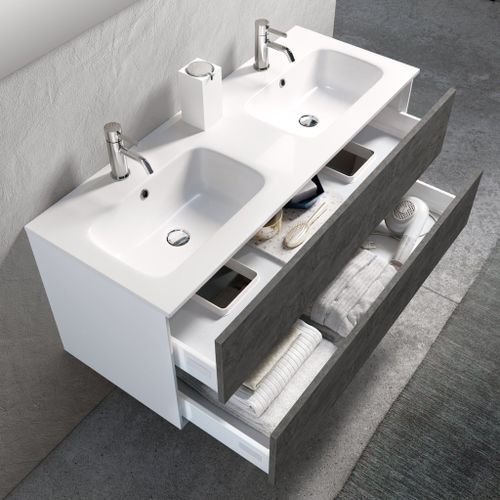 Ensemble meuble de salle de bain 2 tiroirs laqué blanc et gris oxyde double vasque et miroir à LED Oga L 120 cm - Photo n°2; ?>