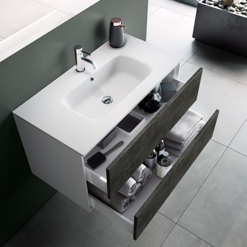 Ensemble meuble de salle de bain 2 tiroirs laqué blanc et gris oxyde et miroir à LED Oga L 100 cm - Photo n°2; ?>