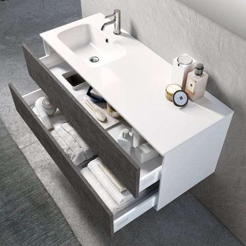 Ensemble meuble de salle de bain 2 tiroirs laqué blanc et gris oxyde et miroir à LED Goa L 120 cm - Photo n°2; ?>