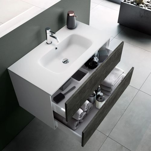 Ensemble meuble de salle de bain 2 tiroirs laqué blanc et gris oxyde et miroir lumineux Lago L 120 cm 2 - Photo n°3; ?>