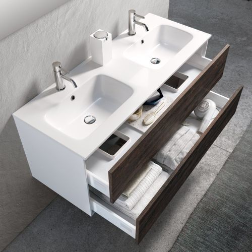 Ensemble meuble de salle de bain 2 tiroirs laqué blanc et marron double vasque et miroir à LED Oga L 120 cm - Photo n°2; ?>