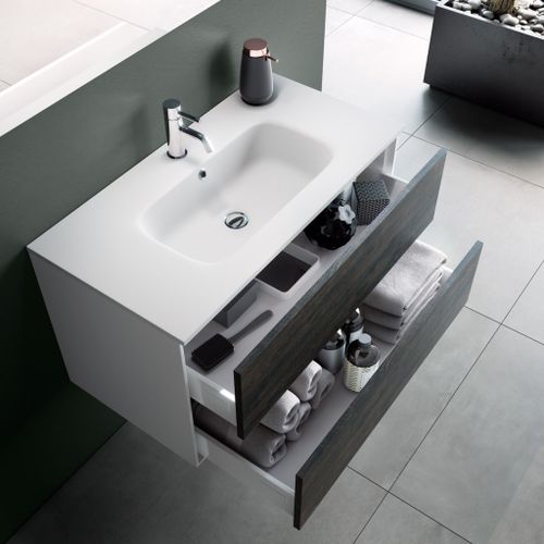 Ensemble meuble de salle de bain 2 tiroirs laqué blanc et marron et miroir à LED Oga L 100 cm - Photo n°2; ?>