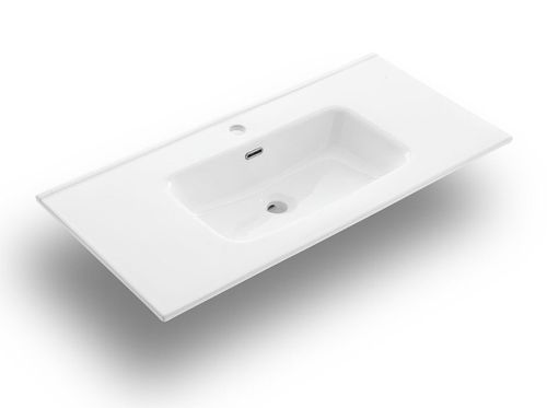 Ensemble meuble de salle de bain 2 tiroirs laqué blanc et marron et miroir à LED Oga L 90 cm - Photo n°3; ?>