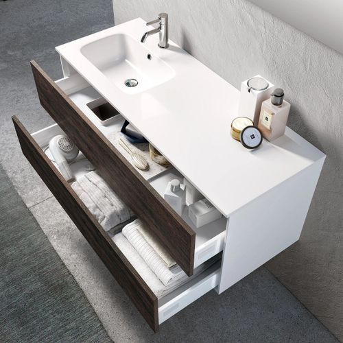 Ensemble meuble de salle de bain 2 tiroirs laqué blanc et marron et miroir à LED Goa L 120 cm - Photo n°2; ?>
