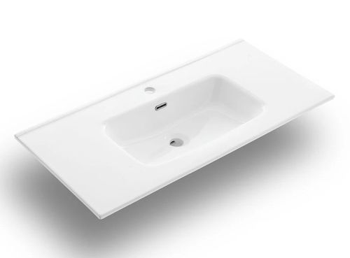 Ensemble meuble de salle de bain 2 tiroirs laqué blanc et marron et miroir lumineux Lago L 100 cm - Photo n°2; ?>