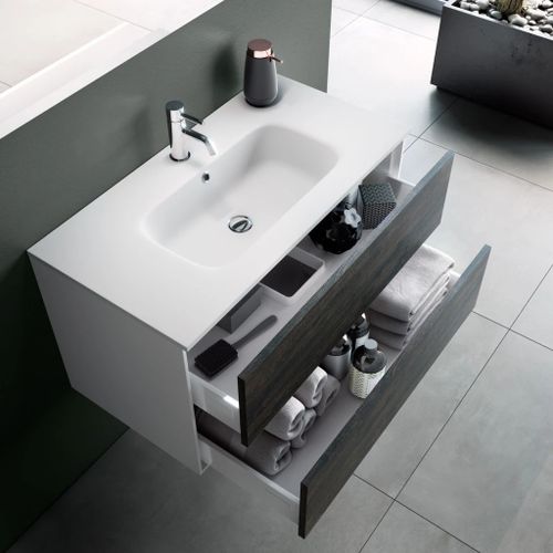 Ensemble meuble de salle de bain 2 tiroirs laqué blanc et marron et miroir lumineux Lago L 120 cm 2 - Photo n°3; ?>